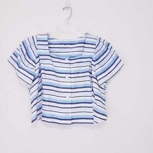 Coco Bianco Linen Blend Cropped Shell Button Short Sleeve Striped Top Medium